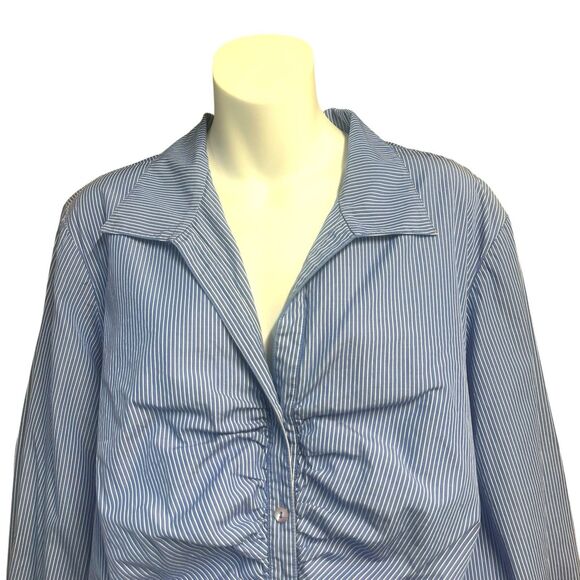 Lafayette 148 Top Plus Size 22 Blue White Stripe Ruched Button Up Long Sleeve - Picture 2 of 9